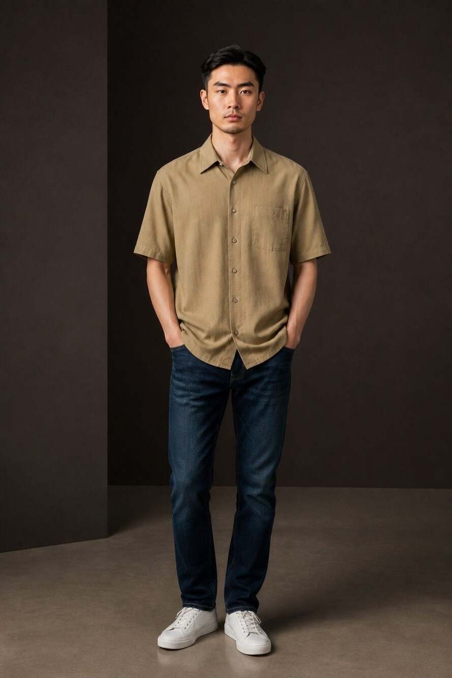 Platini Cougar Jeans Men's Khaki Striped Short Sleeve Embroidered Shirt